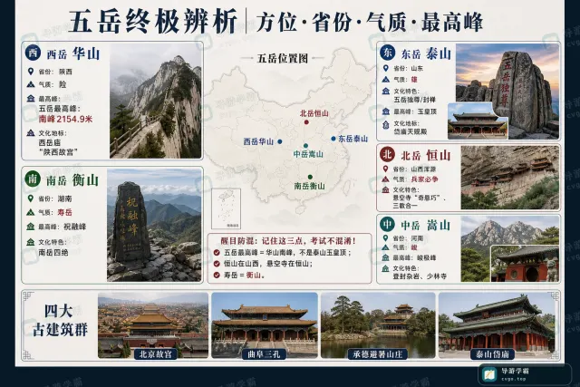 五岳全景：方位、省份、名号、主峰与古建筑