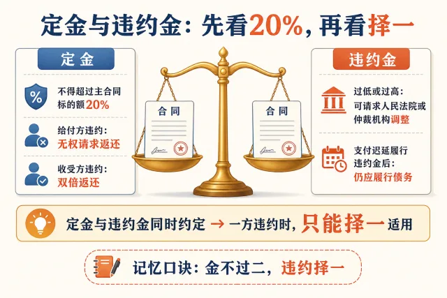 定金与违约金：先看20%，再看择一
