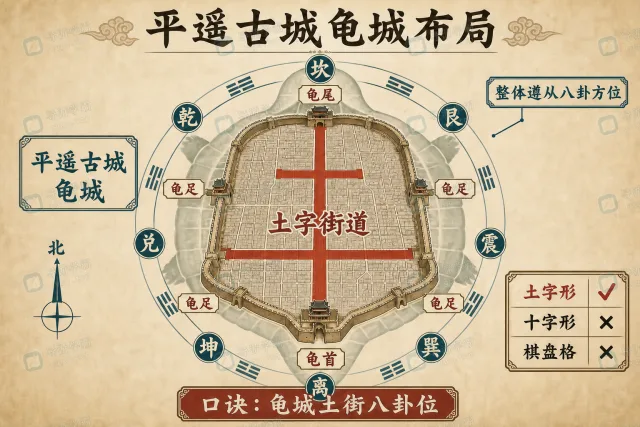 平遥古城龟城布局：龟首尾足—土字街—八卦位