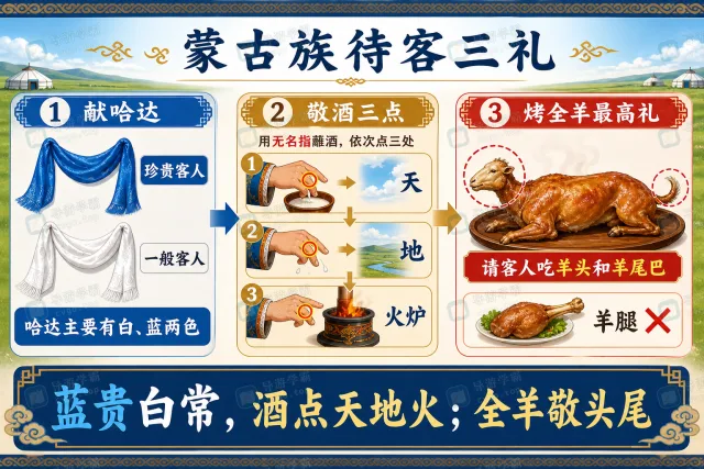 蒙古族待客三礼：蓝白哈达—酒点天地火—全羊头尾